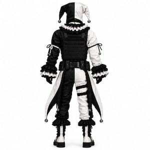 May include: A black and white jester costume featuring a two-toned hooded headpiece with bells, a ruffled collar, and a tactical vest worn over the torso. The outfit includes long sleeves with ruffled cuffs, a belt, and pants with pointed hem panels.