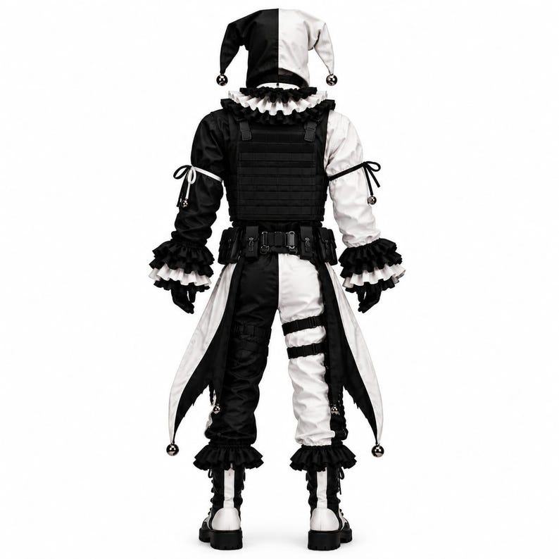 May include: A black and white jester costume featuring a two-toned hooded headpiece with bells, a ruffled collar, and a tactical vest worn over the torso. The outfit includes long sleeves with ruffled cuffs, a belt, and pants with pointed hem panels.