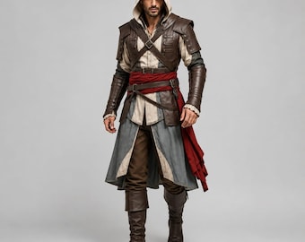 May include: A hooded costume featuring a beige shirt, a brown leather-like vest with shoulder guards, and brown arm bracers. It includes a red sash, a grey and beige long coat, brown trousers, and tall brown boots with a structured, layered design.