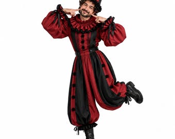 May include: A clown costume featuring a deep red and black vertical striped jumpsuit with puffy sleeves, a ruffled collar, and black pom-pom accents. The outfit includes a matching cone-shaped hat with a black pom-pom tip and black lace-up boots.