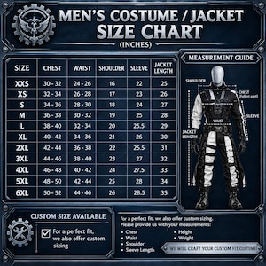 May include: A dark blue size chart for a costume jacket with text reading MEN'S COSTUME / JACKET SIZE CHART (INCHES). It includes a table with sizes XXS to 6XL, chest, waist, shoulder, sleeve, and length measurements, plus a visual guide.