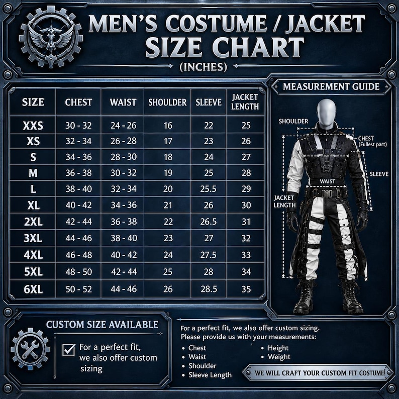 May include: A dark blue size chart for a costume jacket with text reading MEN'S COSTUME / JACKET SIZE CHART (INCHES). It includes a table with sizes XXS to 6XL, chest, waist, shoulder, sleeve, and length measurements, plus a visual guide.