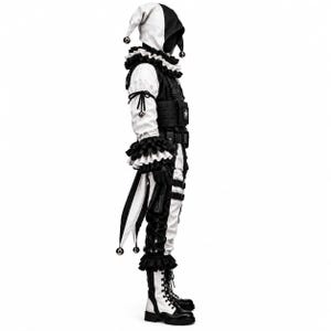 May include: A black and white costume featuring a hooded jester hat with silver bells, a ruffled collar, and ruffled cuffs. The outfit includes a tactical vest with straps, fitted trousers with side lacing, and black and white lace-up boots.