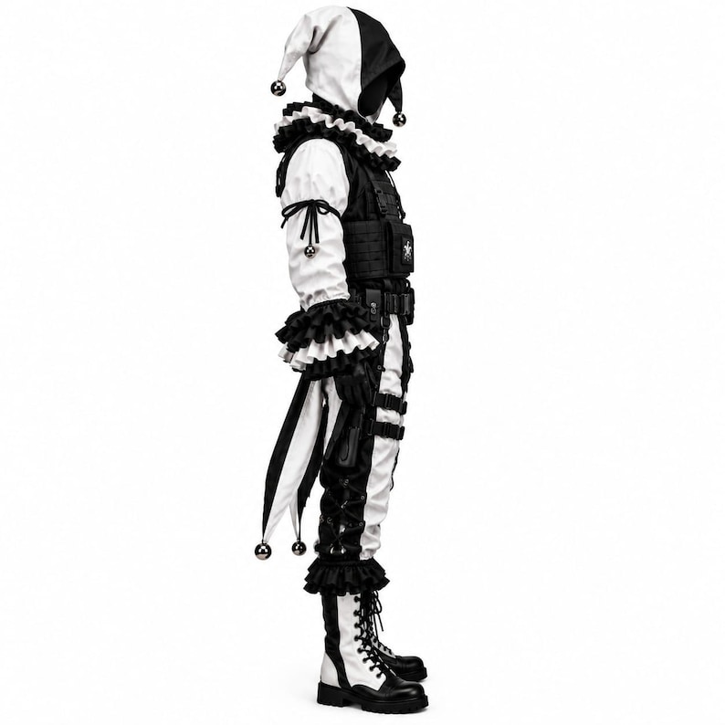 May include: A black and white costume featuring a hooded jester hat with silver bells, a ruffled collar, and ruffled cuffs. The outfit includes a tactical vest with straps, fitted trousers with side lacing, and black and white lace-up boots.