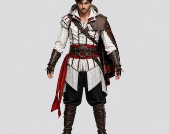 Pode incluir: Um traje de estilo histórico detalhado com uma túnica branca com capuz e detalhes em vermelho, um cinto de couro castanho com um emblema metálico, uma faixa vermelha comprida, calças pretas, luvas de couro e botas altas de couro castanho.