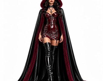 Pode incluir: Uma capa preta até ao chão com capuz e rebordo em pelo sintético bordô, usada sobre um minivestido de verniz vermelho escuro com fecho frontal e fivelas, combinada com botas pretas de verniz acima do joelho com plataforma.