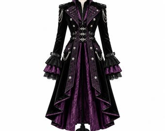 Pode incluir: Um casaco comprido de veludo preto com gola alta, botões prateados e correntes decorativas. O casaco tem mangas largas com acabamento em renda preta e um forro de tecido roxo estampado que se estende numa bainha assimétrica.
