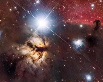 Flame and Horsehead Nebulae Space Print, Astrophotography Wall Art