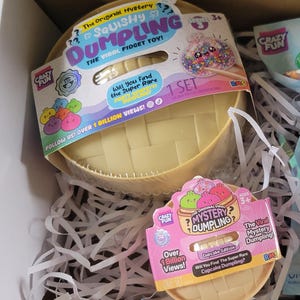 May include: A collection of three sensory toys including a large beige dumpling steamer container, a smaller beige dumpling steamer container, and a blue plastic bag labeled Squishy Bears, all featuring colorful text and cartoon graphics.