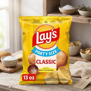 May include: A yellow bag of Lay's Classic potato chips in party size, weighing 13 oz. The packaging features the red and white Lay's logo, text stating no artificial colors or flavors, gluten free, and images of whole potatoes and a small bowl of salt.