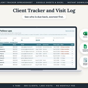 Peut inclure: Un tableur numérique de suivi des clients et de journal des visites affiché sur un écran d'ordinateur portable. L'interface présente des colonnes pour les noms, contacts, services et dates de suivi. Inclut des icônes Excel, Google Sheets et Quick Start.