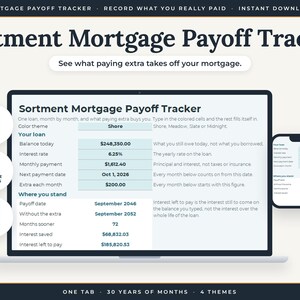 May include: A digital mortgage payoff tracker spreadsheet displayed on a laptop and smartphone screen. The interface includes fields for loan balance, interest rate, and monthly payments, with text labels like Sortment Mortgage Payoff Tracker.