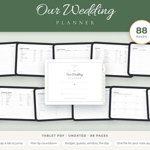 May include: A digital wedding planner for tablets featuring 88 pages with undated templates for budgets, guest lists, vendor tracking, and timelines. The interface includes a central cover page titled Our Wedding Planner and multiple tabbed navigation screens for organizing event details.