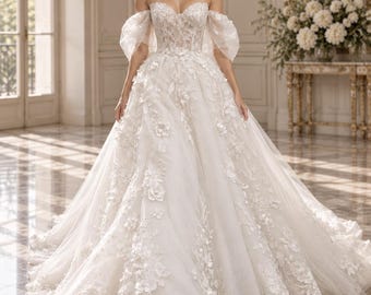 Off Shoulder Puff Sleeve Ballgown Wedding Dress, 3D Floral Lace Sweetheart Corset Princess Bridal Gown with Train