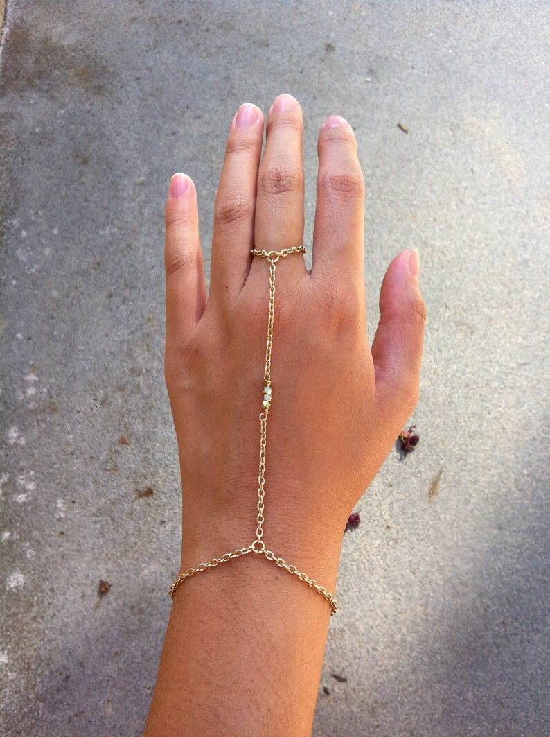 14K Shiny Gold 3 Nugget Bead Hand Chain Bracelet Ring Etsy