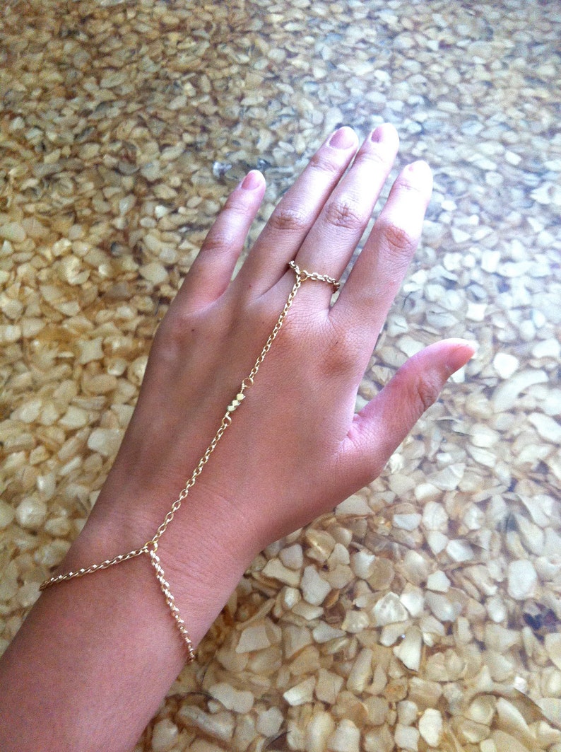 14K Shiny Gold 3 Nugget Bead Hand Chain Bracelet Ring Etsy