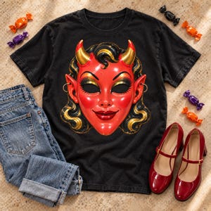 Puede incluir: Una camiseta negra con el gráfico de una cara de diablo roja con cuernos dorados, orejas puntiagudas y maquillaje oscuro. La camiseta se muestra junto a unos vaqueros azules, zapatos rojos tipo Mary Jane y varios caramelos envueltos.