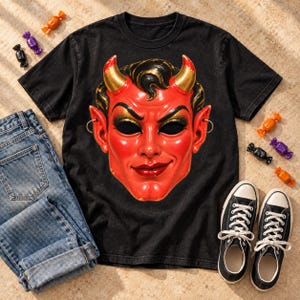 Puede incluir: Una camiseta negra de manga corta con un gráfico grande y centrado de una máscara de diablo roja brillante con cuernos de punta dorada, cuencas oculares oscuras y pequeños pendientes de aro dorados. La máscara tiene una sonrisa.