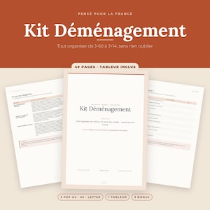 Peut inclure: Un kit de planification de déménagement numérique avec un en-tête couleur rouille et un fond crème. Le texte indique Kit Déménagement, 49 pages, tableur inclus, et 3 PDF A4 A5 Letter. Il comprend des listes, un budget et des inventaires.