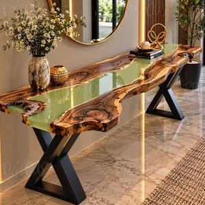 Handcrafted Walnut Epoxy Console Table, Live Edge Green Resin, X-Base