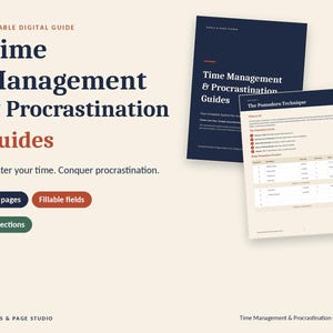 May include: A fillable digital guide titled Time Management & Procrastination Guides. The document features 11 pages and 8 sections, including a Pomodoro Technique page with a daily tracker. The design uses dark blue, cream, and red accents.