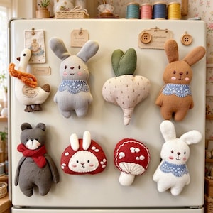 May include: A collection of plush fabric magnets attached to a refrigerator, including three rabbits in gray, brown, and white with blue collars, a gray bear with a red scarf, a white goose with an orange scarf, a radish, and two mushrooms.