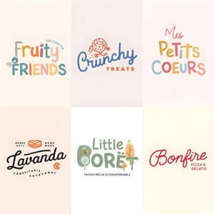 May include: A collection of six distinct graphic logos featuring colorful typography and illustrations. The designs include Fruity Friends, Crunchy Treats, Mes Petits Coeurs, Lavanda, Little Bore, and Bonfire Pizza & Gelato, each with unique fonts.
