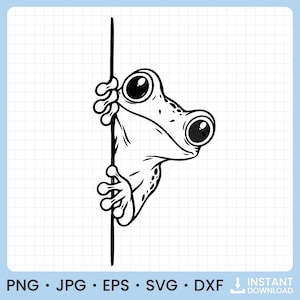 Puede incluir: Una ilustración digital en blanco y negro de una rana asomándose detrás de una línea vertical. La rana tiene ojos grandes y redondos y almohadillas visibles en los dedos. Debajo del gráfico, el texto dice PNG, JPG, EPS, SVG, DXF e INSTANT DOWNLOAD.