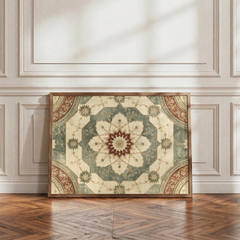 Vintage Persian Tile Mandala Oil Painting Print, Dark Academia Moroccan ...