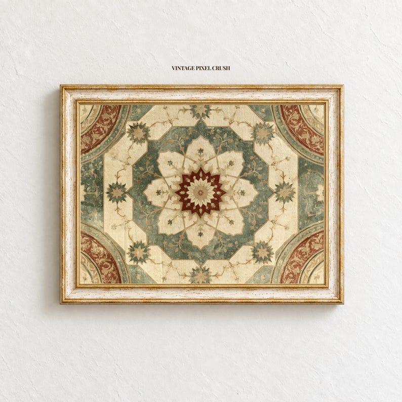 Vintage Persian Tile Mandala Oil Painting Print, Dark Academia Moroccan ...