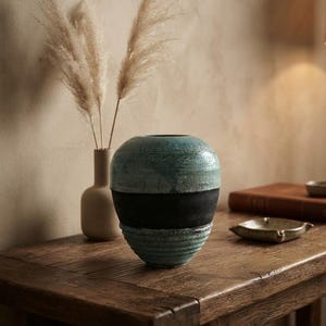 Mid Century Turquoise Ceramic Vase, French Studio Pottery, Brutalist Lava Glaze, Signed
