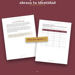 May include: A digital document titled "Rompe etiquetas, abraza tu identidad" from Grandeur Ministries, featuring two white pages with Spanish text, a table for self-reflection, and a "Mira por dentro" button on a dark maroon background.