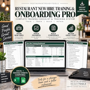 May include: A digital restaurant training and onboarding system displayed on a laptop screen, featuring a new hire dashboard, server and bartender checklists, and progress tracking tools. The interface includes text for training, tracking, building, and retaining staff, with compatibility icons for Excel and Google Sheets.