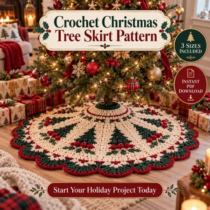 May include: A round crochet Christmas tree skirt featuring a cream-colored base with dark green pine tree motifs and red berry clusters. The edge has a scalloped border in dark green and red. Text reads Crochet Christmas Tree Skirt Pattern.