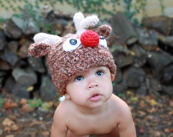 Crocheted Newborn to Toddler Brown Rudolph Hat