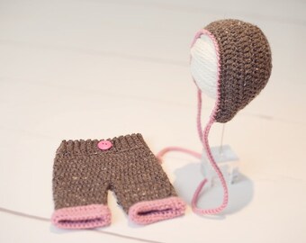 Newborn/Baby/Brown With Pink Trim/Brown with Dark Brown Trim/Classic Bonnet and Pants Set/Photo Prop #14F2