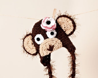 Crocheted Newborn/Toddler Brown Monkey Earflap Hat