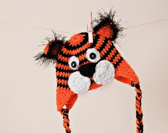 Crocheted Newborn/Toddler Tiger Earflap Hat