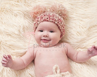 Crocheted Newborn/Toddler Baby Pink Pom Pom Hat