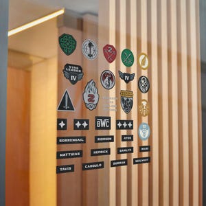Op de afbeelding: Een verzameling stickers met diverse militaire insignes, emblemen en naamplaatjes. De set bevat ronde, schildvormige en rechthoekige emblemen met symbolen zoals zwaarden, vleugels, draken en tekst waaronder BWC en diverse namen.