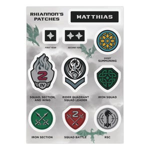 May include: A sticker sheet titled Rhiannon's Patches and Matthias featuring various military-style emblems. Designs include star rank insignias, a dragon crest, a shield with a Celtic knot, crossed swords, and a key emblem with dragon motifs.