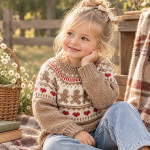 May include: A tan long-sleeve knit jumper featuring a fair isle pattern with gingerbread men and red hearts across the chest and shoulders, paired with light blue denim jeans and a small cream-coloured hair bow in a messy bun hairstyle.