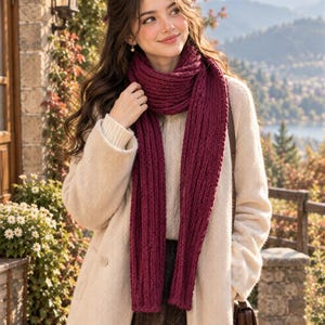 Peut inclure: Une longue écharpe en tricot épais de couleur bordeaux profond avec une texture côtelée verticale prononcée. L'écharpe est enroulée lâchement autour du cou, les extrémités tombant sur le devant d'un manteau crème et d'une jupe à carreaux marron.