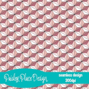 May include: A seamless geometric pattern featuring a repeating 3D cube design in shades of pink, white, and black. The design includes the text "Paisley Place Design" and "seamless design 300dpi" in a teal banner.