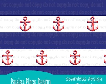 May include: Seamless nautical pattern featuring red anchors on white and navy blue stripes. The design includes the text "Paisley Place Design" and "seamless design 300dpi".