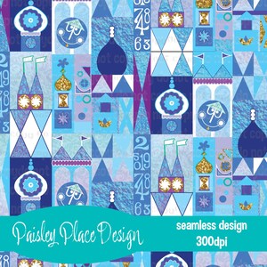 May include: A seamless design with a repeating pattern of stylized buildings, floral motifs, and numbers in blue, purple, and gold. The design includes the text "Paisley Place Design" and "seamless design 300dpi".