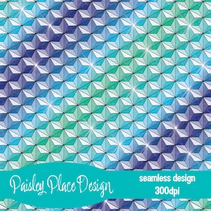 May include: A seamless design featuring a repeating pattern of three-dimensional geometric shapes in shades of blue, teal, and purple. The design includes the text "Paisley Place Design" and "seamless design 300dpi" in a teal banner.