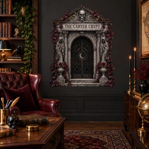 May include: A wall decal featuring a stone crypt entrance with the text THE CARTER CRYPT, a skull at the top, two hooded figures, and a central iron gate with a crescent moon symbol, all surrounded by dark red ivy vines on a grey stone structure.