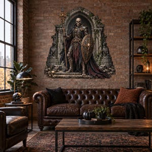 May include: A large wall decal featuring a skeletal warrior in dark, ornate plate armour standing within a stone gothic archway. The figure holds a tall spear and a shield adorned with a skull, flanked by two stone dog statues on a stone base.