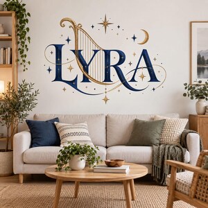 May include: A wall decal featuring the word LYRA in large dark blue serif letters, with a gold harp integrated into the letter L. The design is decorated with gold stars, a crescent moon, and swirling lines on a plain white wall.